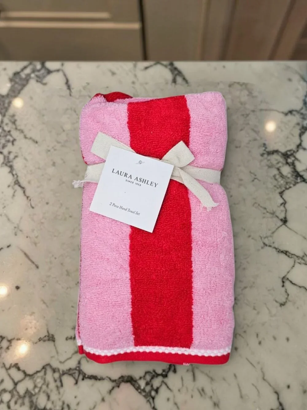 Laura Ashley 2 Piece Hand Towel Set New Cotton Plush Stripe Red Pink 16